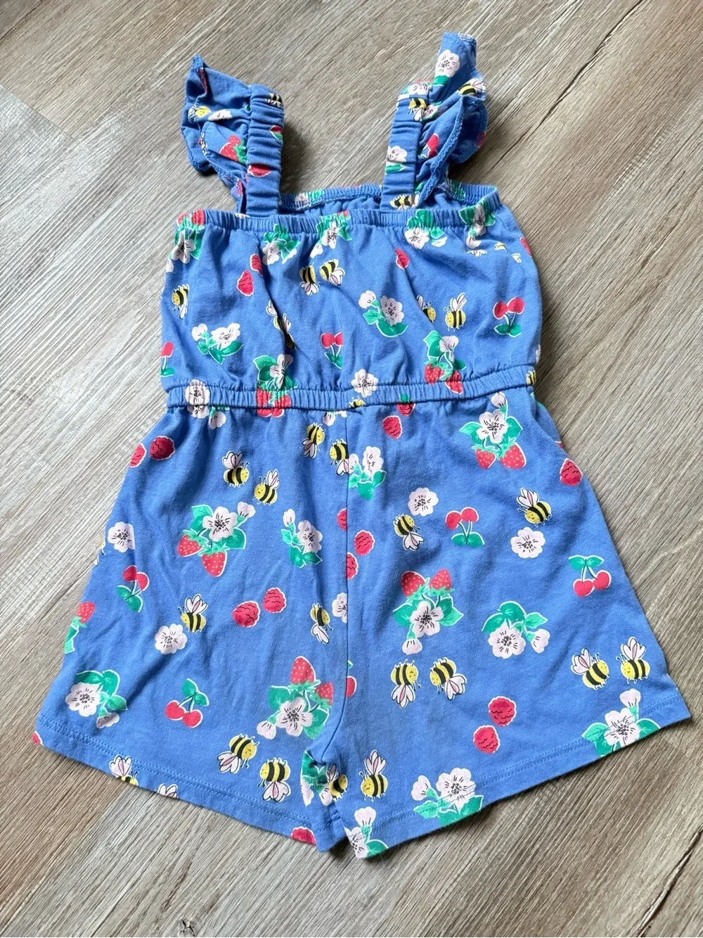 Old Navy Blue Floral Strawberry Bee Print Girls Romper Outfit Size 4T